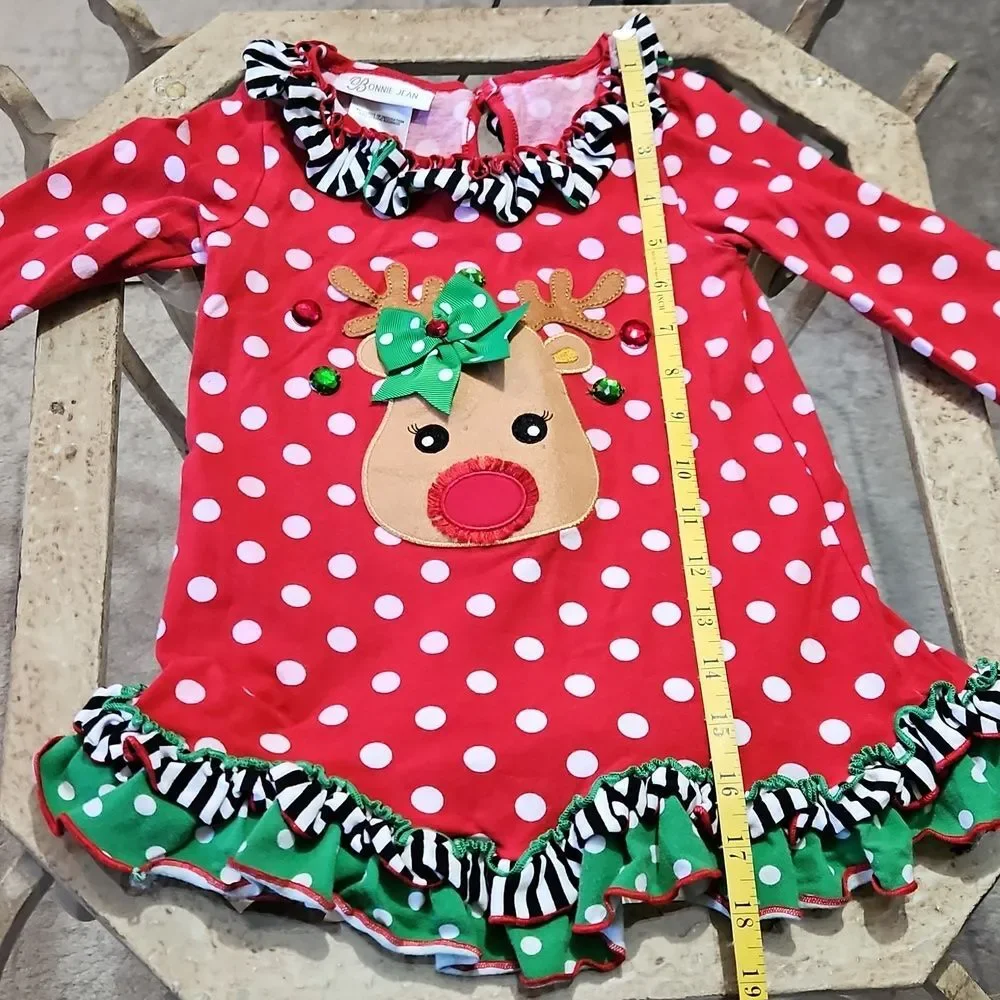 Bonnie Jean Red Polka Dot Reindeer Dress Girls Size 3T